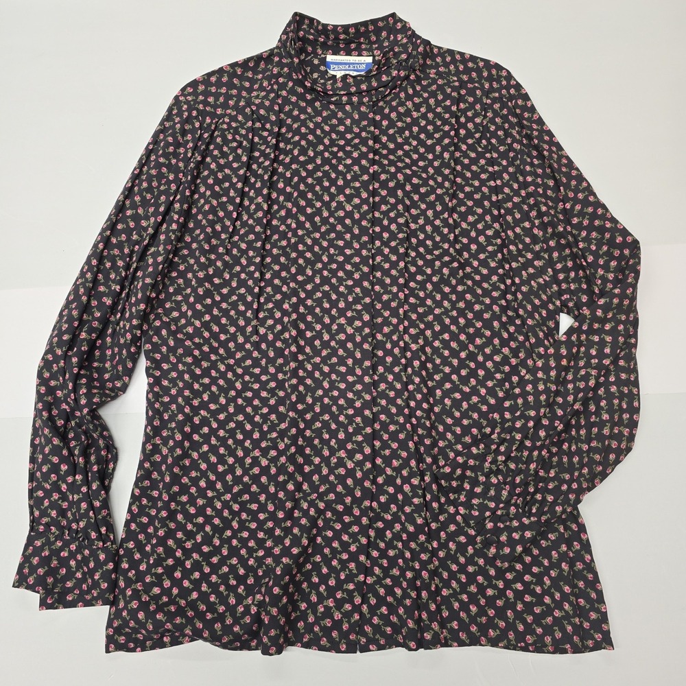 Vintage Pendleton Women's 14 Black Floral Print Long‎ Sleeve Button Up Blouse
